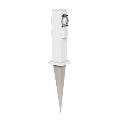 Abbildung von ledscom.de Garten Steckdosen Säule Polly mit Erdspieß für außen, IP44, 3 Fach Timer/Zeitschaltuhr, Edelstahl, eckig, weiß, 38cm
