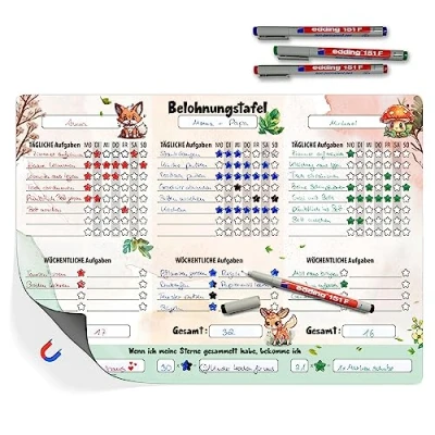 Abbildung von TOBJA Magnettafel A3 Belohnungstafel [Waldtiere] +4 Stifte Kinder magnetisch, (Set), Belohnungssystem magnetisch inkl. 4 Bunte Markenstifte