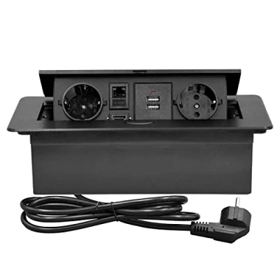 Abbildung von CHENGPI Unterputz Steckdosenleiste mit 2 Europäische Norm Steckdosen,mit USB,HDMI TD Netzwerkschnittstelle,Platzsparende Steckdose VersenkbarS für Büro und Arbeitsplatte