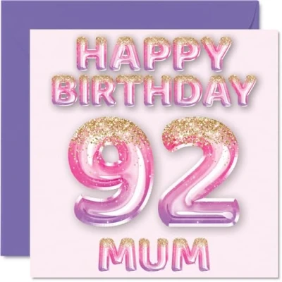 Abbildung von Stuff4 Geburtstagskarte zum 92. Geburtstag für Mama rosa &amp; lila Glitzerballons Happy Birthday Karten 92 Jahre alte Mutter, Mutter vom Sohn, Tochter, 145 mm x