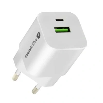 Abbildung von everActive GaN Netzladegerät mit USB QC3.0 und C PD PPS Anschluß, schnelles Laden, Gesamtleistung 30W, solides, einteiliges Gehäuse, Modell SC 390Q