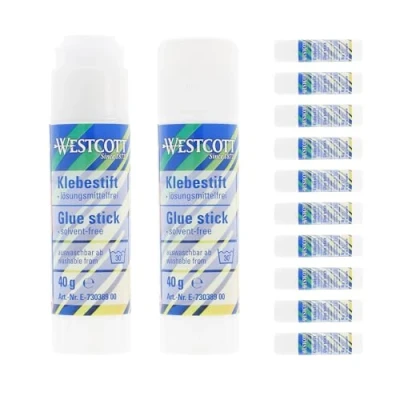 Abbildung von WESTCOTT Klebestift 40g (12 Stück), Bastelkleber mit 2,5cm transparentem Klebestreifen, (Vorteilspack, 12 tlg), Klebt stark und dauerhaft, 100% lösungsmittelfrei