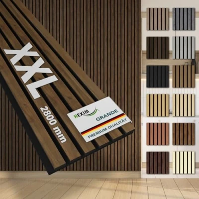 Abbildung von HEXIM Lamellen Grande 280cm Akustikpanelee XXL Wandpaneele 21mm Schalldämmung Echtholzfurnier Akustikfilz Lamellenwand Hellbraun (10 Paneele / 8,414m² Light Walnut)