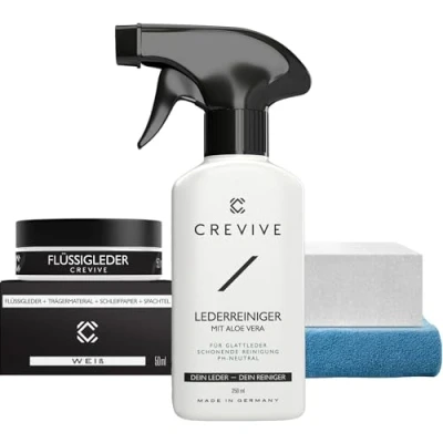 Abbildung von CREVIVE Flüssigleder Weiß 50 ml &amp; Lederreiniger 250 Leder Reparatur Set Kunstleder Reparaturset Lederreparaturset für Sofa, Couch, Lenkrad, Autositze