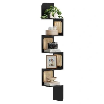 Abbildung von VASAGLE Eckregal, Wandregal 5 Ebenen, Schweberegal, Regal Wandmontage, Zickzack Form, PVC Rattan Seitenplatten, platzsparend, für Küche Schlafzimmer Wohnzimmer, Boho Stil, aschschwarz LLS582B21