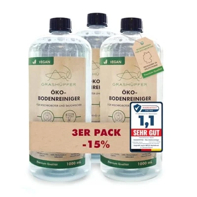 Abbildung von 3er Set GRASHÜPFER® Wischroboter Reinigungsmittel Öko Bodenreiniger Mittel 3 x 1000 ml Konzentrat für mind. 240 Anwendungen &quot;Tropische Früchte Duft&quot; I kompatibel mit allen Wisch / und Saugrobotern