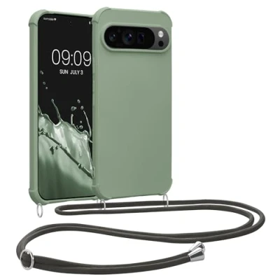 Abbildung von kwmobile Necklace Case kompatibel mit Google Pixel 9 / Pro Hülle Cover Kordel zum Umhängen Silikon Schutzhülle Graugrün