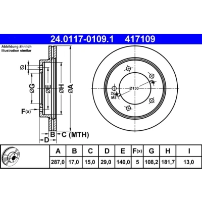Abbildung von ATE 24.0117 0109.1 Bremsscheibe 287,0 17,0 5 140,0 Belüftet SUZUKI: Grand Vitara 1 SUV