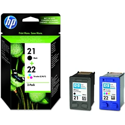 Abbildung von HP Tintenpatrone, 21 + 22, SD367AE, original, schwarz / 3farbig, 190/165 Seiten (schwarzweiß/farbig) (2 Stück), Sie erhalten 1 Packung á 2 Stück
