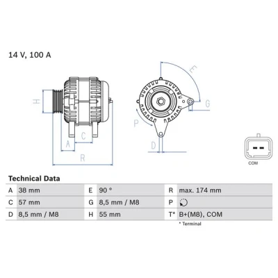 Abbildung von BOSCH 0 986 083 200 Lichtmaschine 14V 100A DACIA: Sandero I, Duster SUV, Logan I MCV, RENAULT: MEGANE 2 Coupe Cabriolet, SCENIC 2, GRAND