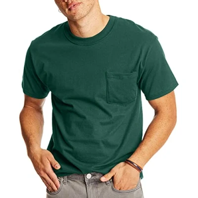 Abbildung von Hanes Herren Heavyweight Pocket T Shirt, Beefy Full Cut Cotton Tee für Männer, Crewneck Shirt 1er oder 2er Pack, Deep Forest Mittel