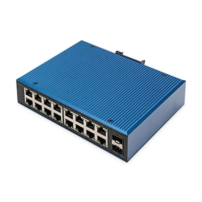 Abbildung von DIGITUS Netzwerk Switch 18 Port Gigabit Ethernet 16x RJ45 + 2X SFP Unmanaged 10/100/1000 Mbit/s Hutschienen &amp; Wandmontage IP40 Industrial Serie Blau
