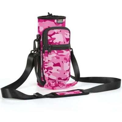 Abbildung von Nuovoware Flaschenhalter Trinkflasche Molle Beutel 25oz/710ml, Isolierte Neopren Kessel mit Schultergurt und Front Reißverschluss Tasche für Wandern Laufen Radfahren Jagd Reisen, Camouflage Rosa