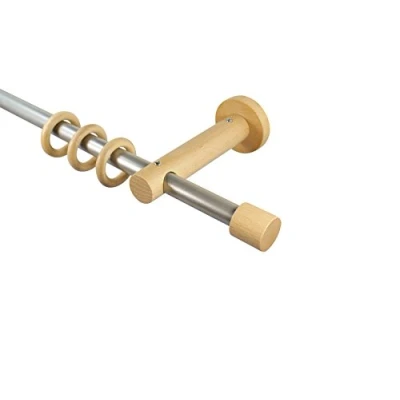 Abbildung von iso design Gardinenstangen 16 mm aus Metall und Holz Alu/Buche Endstück Kappe, 160 cm
