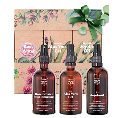 Abbildung von Bionoble Wellness Set für Frauen 3x100ml Bio Rosenwasser, Aloe Vera Gel, Jojobaöl Das perfekte Geschenk: Produkte in einer ästhetischen Verpackung Beauty Gesicht, Haare