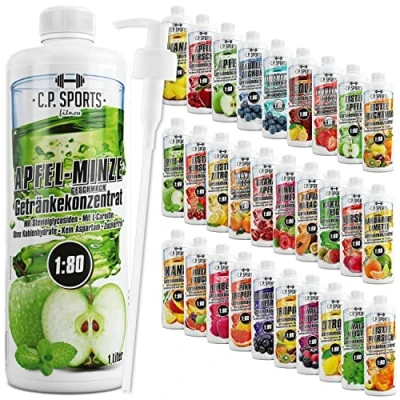 Abbildung von C.P. Sports Getränkesirup für Mineraldrink I Sirup zuckerfrei Vital Drink APFEL MINZE mit Vitaminen Getränkekonzentrat zum Mischen Wasser Sport Getränk 1 Liter + Pumpspender