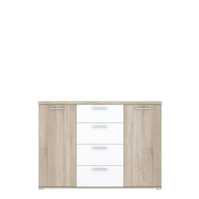 Abbildung von FORTE Winnie Kommode mit 2 Türen und 4 Schubladen, Holzwerkstoff, Sonoma Eiche / Weiß, B x H T: 129,6 93 38 cm