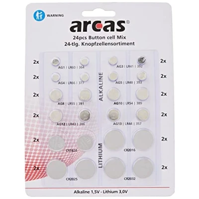 Abbildung von Arcas 12752400 Alkaline und Lithium Knopfzellen Sortiment, 24 teilig, 16x 8x Lithium, ideal für Uhren, Taschenrechner, Spielzeug Schlüsselleuchten