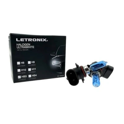 Abbildung von letronix Halogen Auto Lampen HB3 9005 12V 8500K Kalt Weiß Xenon Optik Gas Ultra White Look Birnen Lampe Abblendlicht Nebelscheinwerfer Fernlicht Kurvenlicht E Prüfzeichen (LED Optik) (HB3 65W)