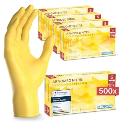 Abbildung von 500 Stk (5x100) ARNOMED Einweghandschuhe Gelb, Einmalhandschuhe S, Nitril Handschuhe Einweg, Nitrilhandschuhe puderfrei, Gummihandschuhe Schutzhandschuhe, in M, L, XL