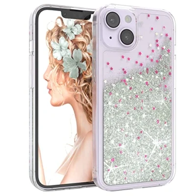 Abbildung von EAZY CASE Hülle kompatibel mit iPhone 14 Schutzhülle Flüssig Glitzer, Handyhülle, Schutzhülle, Back Cover Glitter Flüssigkeit, TPU/Silikon, Transparent/Durchsichtig, Silber