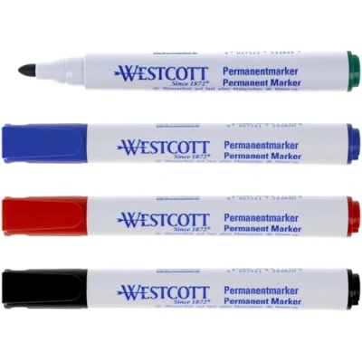 Abbildung von Westcott Permanent Marker Schwarz, Rot, Blau, Grün 4er Set wasserfeste Stifte 1,5 3,0 mm Rundspitze Nachfüllbar, lichtbeständig, schnell trocknend, wischfest E 713009 00