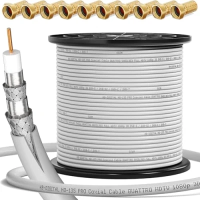 Abbildung von HB DIGITAL 250m Koaxialkabel HQ 135 Antennenkabel 135dB SAT Kabel 8K 4K UHD 4 Fach geschirmt für DVB S / S2 C C2 T T2 DAB+ Radio BK Anlagen + 10 F Stecker GRATIS