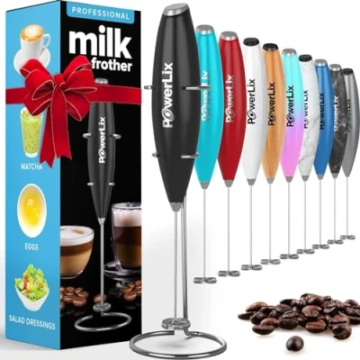 Abbildung von PowerLix Milchaufschäumer Stab, Milchschäumer Elektrisch mit Edelstahlständer 15 20s, 19000 U/min, Batteriebetriebener Milk Frother für Kaffee, Latte, Cappuccino, Heiß &amp; Kalte Schokolade