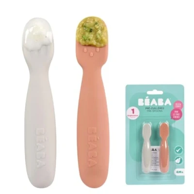 Abbildung von BÉABA, 2er Set Babylöffel 1. Lebensjahr, Silikon Pre Löffel, Babybesteck, ab 4 Monaten, Ergonomische Form, Verschiedene Texturen, Ergonomischer Griff, Terracotta/Velvet grey
