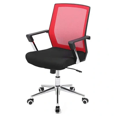 Abbildung von SONGMICS Bürostuhl mit Netzbezug, höhenverstellbarer Chefsessel, Schreibtischstuhl Wippfunktion, Drehstuhl gepolsterter Sitzfläche, Stahlgestell, verchromt, 120 kg, rot schwarz, OBN83RD
