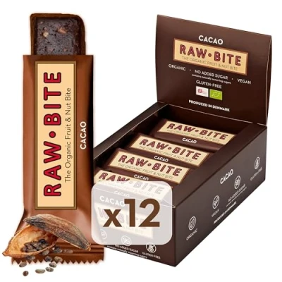 Abbildung von RAWBITE CACAO in der 12er Box Vegan, glutenfrei &amp; ohne Zuckerzusatz (enthält von Natur aus Zucker) Bio Frucht Nuss Riegel mit Kakao (12 x 50 g)