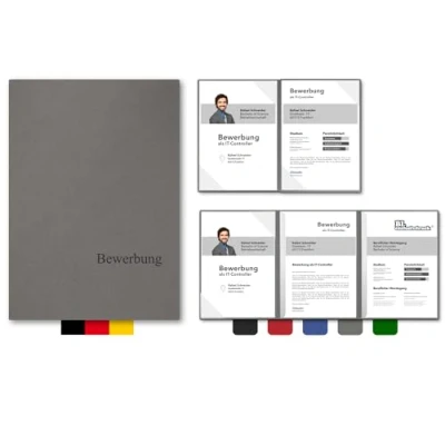 Abbildung von 5 Stück 4 teilige Bewerbungsmappen BL exclusivdruck® MEGA plus in Steingrau Premium Qualität mit edler Relief Prägung &#039;Bewerbung&#039; Produkt Design von &#039;Mario Lemani&#039;