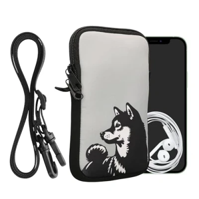 Abbildung von kwmobile Handytasche für Smartphones L 6,5&quot; Neopren Handy Hülle Schwarz Weiß Grau Tasche mit Kette 16,5 x 8,9 cm Innenmaße Shiba Hund
