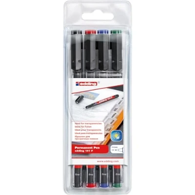 Abbildung von edding 141 F Permanenter Folienschreiber 4er Set 4 Farben Rundspitze 0,6mm zum Schreiben auf Glas Kunststoff Folien und glatten Oberflächen permanent schnelltrocknend wisch wasserfest