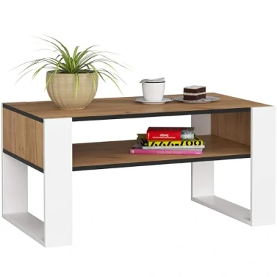 Abbildung von AKORD Couchtisch Holz DOMI mit einem Regal 92x45x53cm Für Wohnzimmer Schlafzimmer Schrank Minimalistisch Modernes Design Schichtstoffplatte 16mm Eiche Craft &amp; Weiß Front