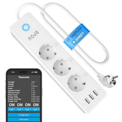 Abbildung von Tasmota steckdosenleiste mit USB hub NOUS A5T ESP8266 WLAN wandmontage mehrfachsteckdose 15A smart WiFi mehrfachstecker stromzähler, zeitschaltuhr. ioBroker Home Assistant Alexa 2.4GHz