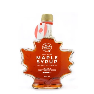 Abbildung von MapleFarm Reiner kanadischer Ahornsirup der Güteklasse A, mit kräftigem Geschmack Flasche im Blatt Design 250 ml Maple syrup Ahornsaft