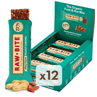 Abbildung von RAWBITE PROTEIN Riegel mit 22g Eiweiß I 12 Bio Proteinriegel in der Box Reisprotein, Datteln, Erdnüsse, Salz &amp; Karamelaroma Vegan, glutenfrei, laktosefrei enthält von Natur aus Zucker x 45g
