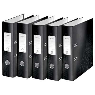 Abbildung von Leitz Qualitäts Ordner 180, 5er Pack, A4, 8 cm Rückenbreite, laminierte Graupappe, Schwarz, WOW Serie, Design kann variieren, 10054095