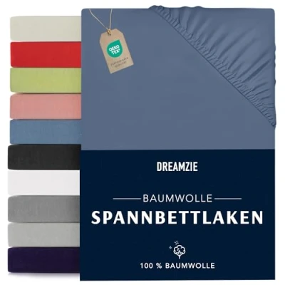 Abbildung von Dreamzie Spannbettlaken 140x190/200cm Baumwolle Oeko Tex Zertifiziert Blau 100% Jersey Spannbetttuch 140x190/200