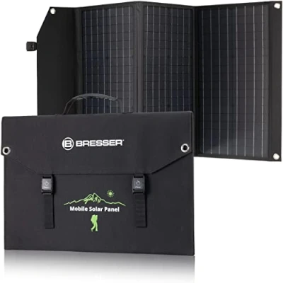 Abbildung von Bresser Solar Ladegerät 90W mit 1x DC und 3x USB A Anschlüssen inkl. Buchse QC3.0 zur Schnellladung, Panel als für Smartphones, Power Stations etc.