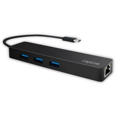 Abbildung von LogiLink UA0313 Slim USB 3.0 Hub Schwarz, 3 Port + Gigabit LAN