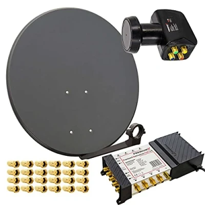 Abbildung von Premium X Satelliten Komplettanlage 80cm Satellitenschüssel Multischalter 5 8 Multiswitch Quattro LNB 24x Stecker SAT Teilnehmer