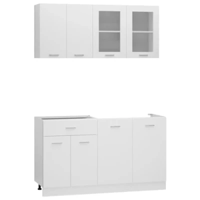 Abbildung von vidaXL Küchenzeile 4 TLG. Küchenschrank Einbauküche Küchenblock Hängeschrank Spülenunterschrank Schubunterschrank Hängeglasschrank Weiß Holzwerkstoff