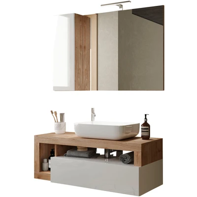 Abbildung von welltime Badmöbel Set Hamburg, Badezimmerset 2tlg. Breite 110 cm, Badmöbel, Waschtisch inkl., (Spar Set, 2 St), Waschbecken, Spiegelschrank mit LED Aufbauleuchte, Soft Close Funktion