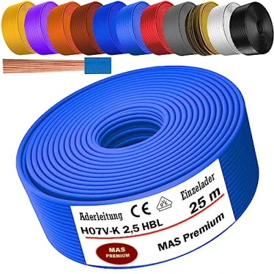 Abbildung von MAS Premium Aderleitung H07 V K 1x2,5 mm² HBL GRGE RT DBL BR OR GR WS VIO oder GE Einzelader flexibel Von 5 bis 100m (Hellblau, 25m)