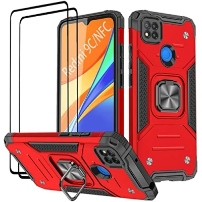 Abbildung von KANSi Hülle kompatibel für Xiaomi Redmi 9C NFC/Redmi 9C, Schutzfolie [2 Stück] Silikon TPU Hart PC Handy Hüllen 360 Grad Drehbar Ringhalter Bumper Stoßdämpfung Schutzhülle Rote