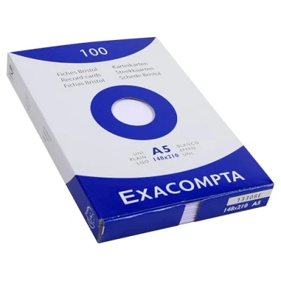 Abbildung von Exacompta 13308E Packung (mit 100 Karteikarten, ungelocht DIN A5, 148 x 210 mm, 205 g, blanko, ideal für die Schule) 1er Pack weiß