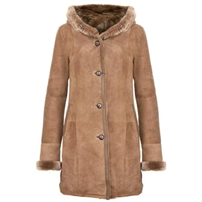 Abbildung von Infinity Leather Elegante Braune Wildlederjacke mit Kapuze aus Lammfell und Merinowolle Für Damen L