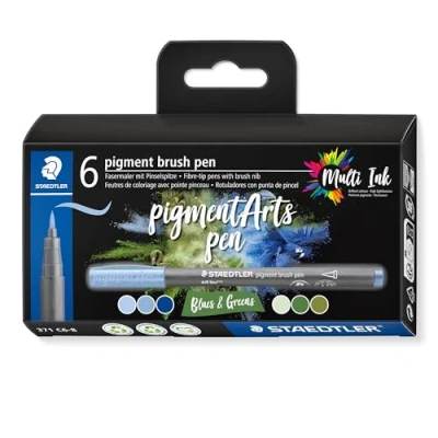Abbildung von STAEDTLER brush pen pigment Arts, Premium Zeichentusche, Pinselspitze für variable Linienbreite, wasserfest, schnelltrocknend, 6 pens in sortierten Farben im Kartonetui, 371 C6 8